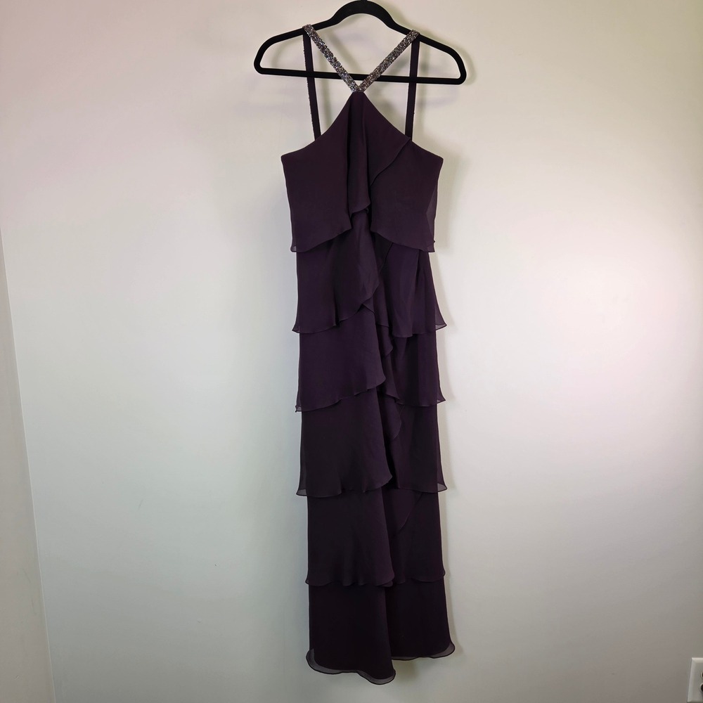 Daymor Couture Silk Tiered Ruffle Gown Purple Beaded Halter Dress Size 10